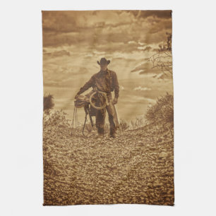 Sepia Cowboy Kitchen Towel Westerne Cowboy Theedoek