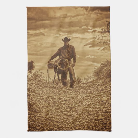 Sepia Cowboy Kitchen Towel Westerne Cowboy Theedoek (Verticaal)