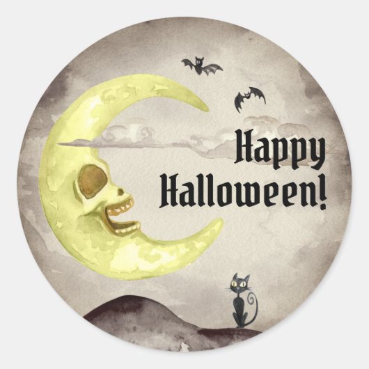 Sepia Creepy Moon Bats Black Cat Halloween Ronde Sticker (Voorkant)