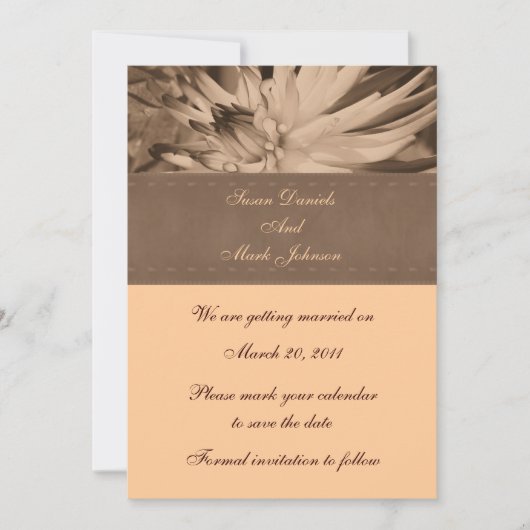 Sepia Dahlia Flower Wedding Save the Date Kaart (Voorkant)