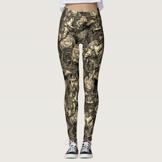 Sepia Death Head Hawk Moths Gothic Raven met Rozen Leggings (Voorkant)