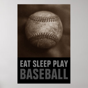 Sepia Eet Slaap Spelen Honkbal Poster