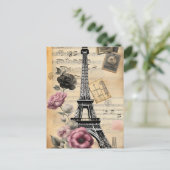 Sepia Eiffeltoren en roze bloemen Briefkaart (Staand voorkant)