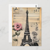  Sepia Eiffeltoren en roze bloemen Briefkaart (Voorkant / Achterkant)