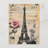 Sepia Eiffeltoren en roze bloemen Briefkaart (Voorkant)