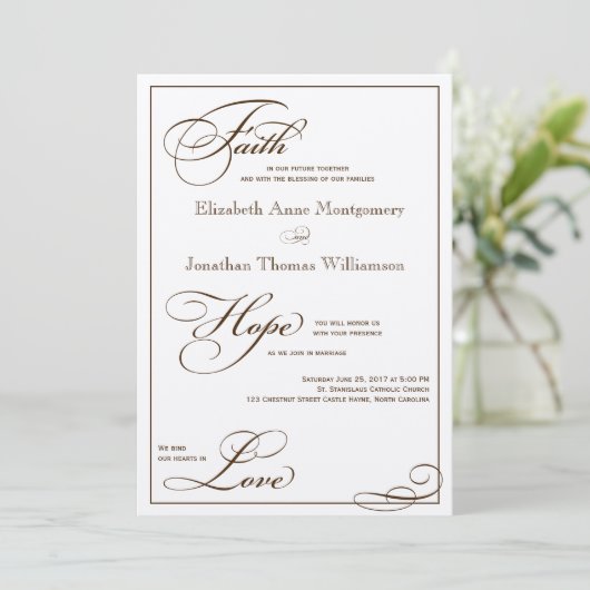 Sepia Faith Hope Love Script Weddenschap Uitnodigi Kaart (Staand voorkant)