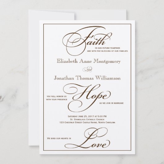 Sepia Faith Hope Love Script Weddenschap Uitnodigi Kaart (Voorkant)
