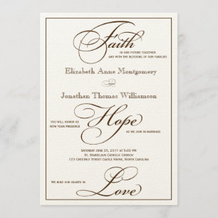 Sepia Faith Hope Love Script Weddenschap Uitnodigi Kaart