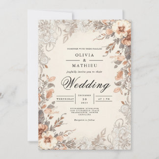 Sepia Floral Border Romance Wedding Kaart