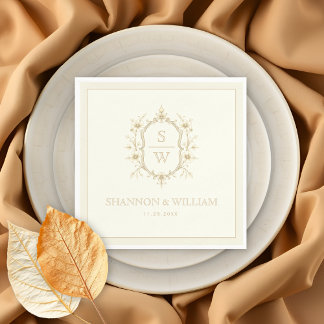 Sepia floral crest monogram vintage ivory wedding servet