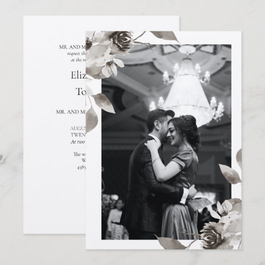 Sepia Floral Foto Waterverf Weddenschap Kaart (Voorkant / Achterkant)