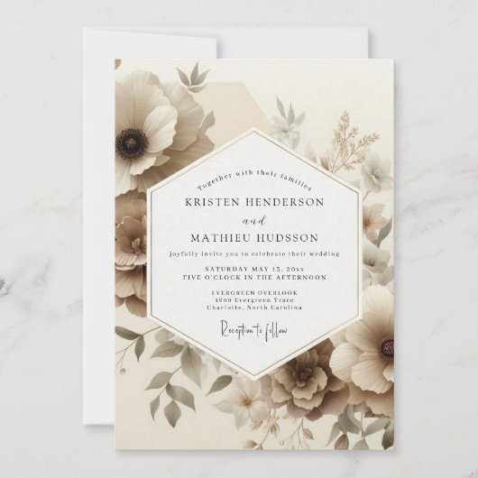 Sepia Floral Romance Wedding Kaart (Voorkant)