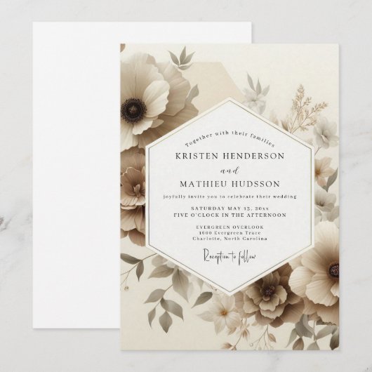 Sepia Floral Romance Wedding Kaart (Voorkant / Achterkant)