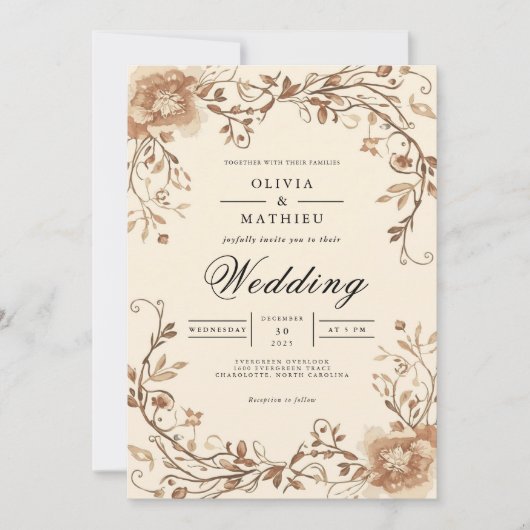 Sepia Floral Scroll Boog Wedding Kaart (Voorkant)