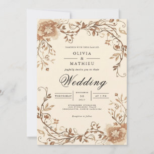 Sepia Floral Scroll Boog Wedding Kaart