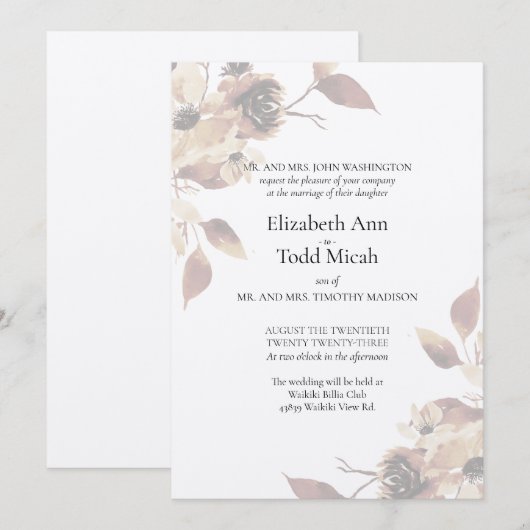 Sepia Floral Waterverf Weddenschap Kaart (Voorkant / Achterkant)