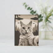 Sepia Funny Kat en UFO's Briefkaart (Staand voorkant)