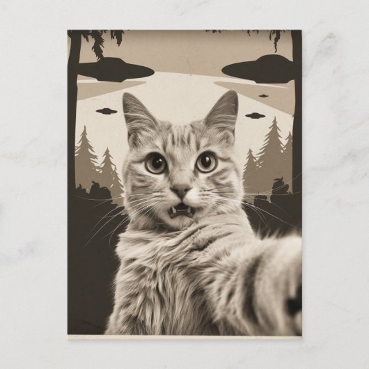 Sepia Funny Kat en UFO's Briefkaart (Voorkant)