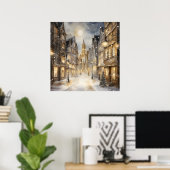 Sepia Getinte Besneeuwde Stadstraat Poster (Thuiskantoor)