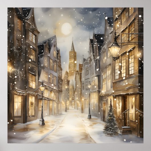 Sepia Getinte Besneeuwde Stadstraat Poster (Voorkant)