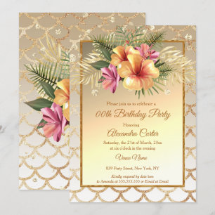 Sepia Gold Pink Hibiscus Floral Birthday Party Kaart