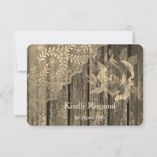 Sepia Gold Wood Lace en Roos Wedding RSVP (Voorkant)