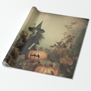 Sepia gothische heks met pompoenen en herfstrozen cadeaupapier