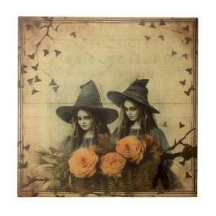Sepia Gotische Heksen Oranje Rozen Mand Tegeltje