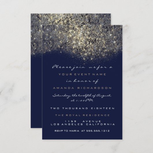 Sepia Goud Glitterend Glans Blauw Marine Uitnodigi Kaart (Voorkant / Achterkant)