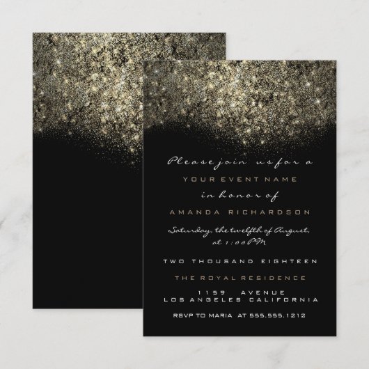 Sepia Goud Glitterende Zwarte Uitnodiging (Voorkant / Achterkant)