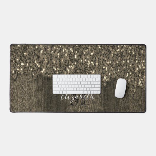 Sepia gouden faux sparkles rustiek hout Monogram Bureaumat (Keyboard & Muis)