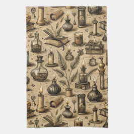 Sepia Hekserij Alchemie Boeken Brouwsel Vintage Theedoek