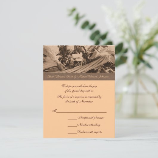Sepia Indian Corn Basket Wedding Response RSVP (Staand voorkant)