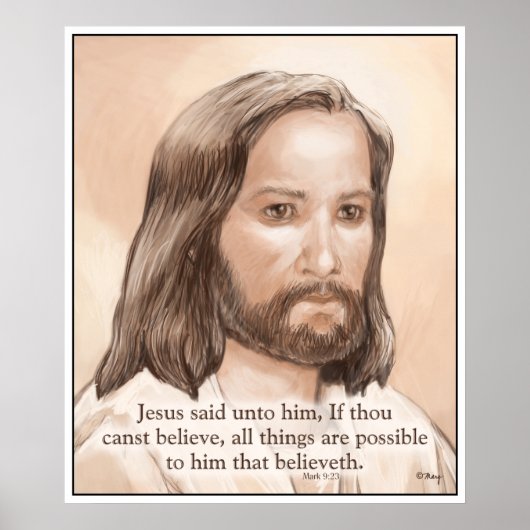 Sepia Jesus Art Bijbelprijsopgave - Mark 9:23 Poster (Voorkant)
