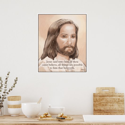 Sepia Jesus Art Bijbelprijsopgave - Mark 9:23 Poster (Keuken)