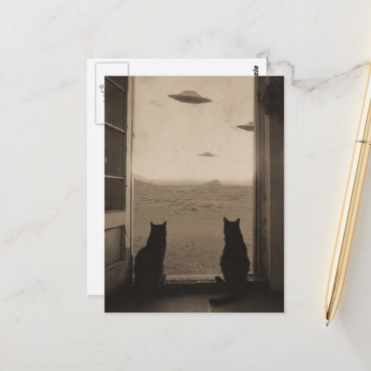 Sepia katten en UFO's Briefkaart (Voorkant / Achterkant in situ)
