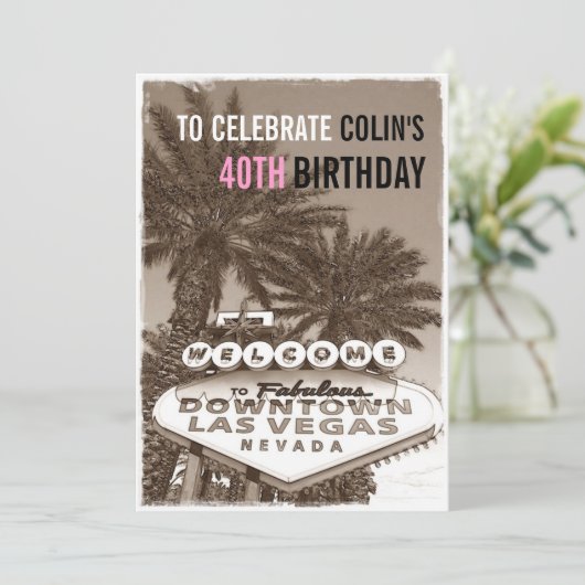  Sepia Las Vegas Verjaardagsfeestuitnodiging Kaart (Staand voorkant)