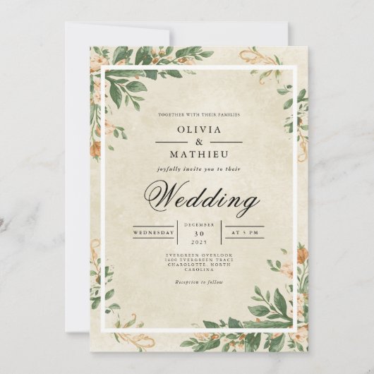 Sepia Leafy Flourish Wedding Kaart (Voorkant)