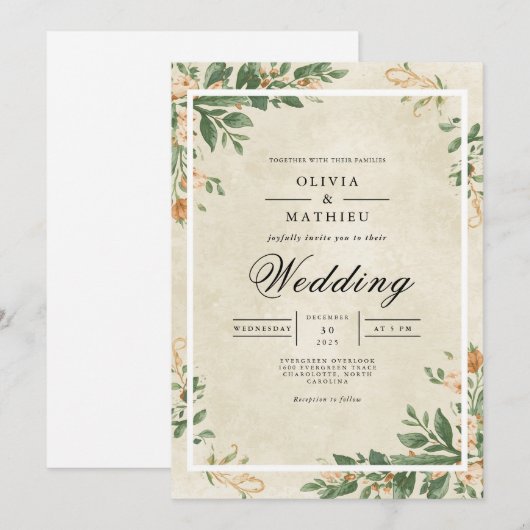 Sepia Leafy Flourish Wedding Kaart (Voorkant / Achterkant)