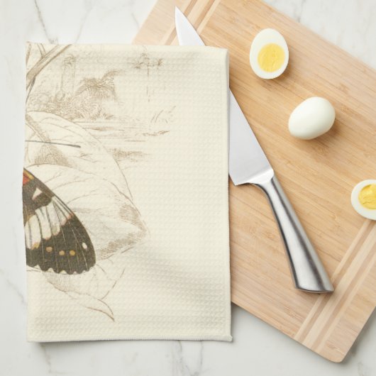 Sepia Leaves met kleurrijke Butterflies Theedoek (Quarter Fold)