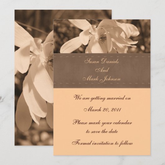 Sepia Magnolia Flower Wedding Save the Date Kaart (Voorkant / Achterkant)
