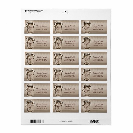 Sepia Mason Jar Wedding Return Address Labels (Full Sheet)