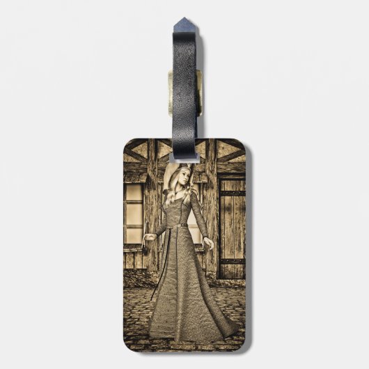 Sepia Middeleeuwse Prinses Renaissance Kunst Bagagelabel (Achterkant verticaal)