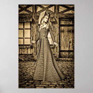 Sepia Middeleeuwse Prinses Renaissance Kunst Poster