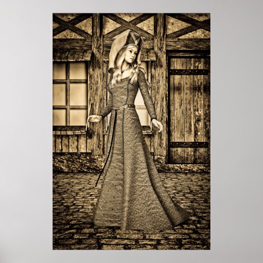 Sepia Middeleeuwse Prinses Renaissance Kunst Poster (Voorkant)