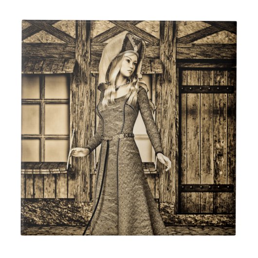 Sepia Middeleeuwse Prinses Renaissance Kunst Tegeltje (Voorkant)