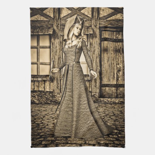 Sepia Middeleeuwse Prinses Renaissance Kunst Theedoek (Verticaal)