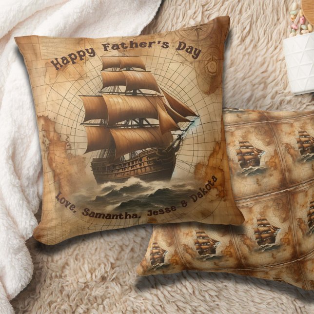  Sepia Nautische Kaart en Zeilschip Kussen (Vintage Nautical Father's Day Pillow, Customized with Kids Names for a Timeless Keepsake )