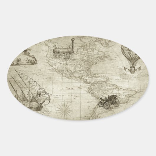 Sepia Old Antiek  Verenigde Staten Kaart Reizen Ovale Sticker (Voorkant)