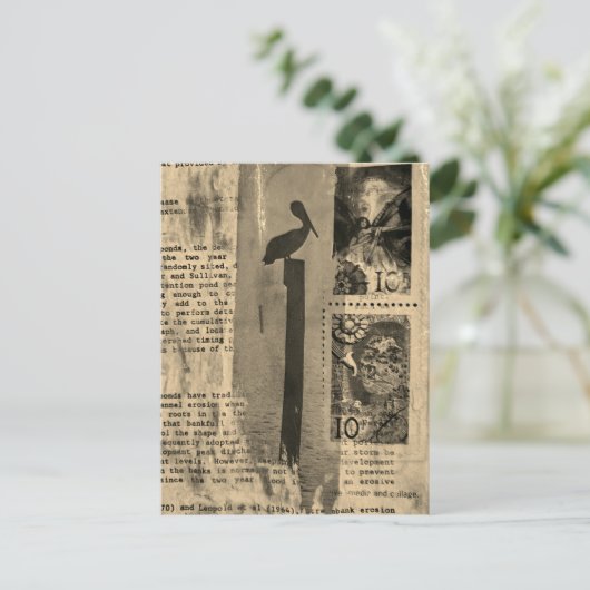 Sepia Pelican mixed media collage Briefkaart (Staand voorkant)